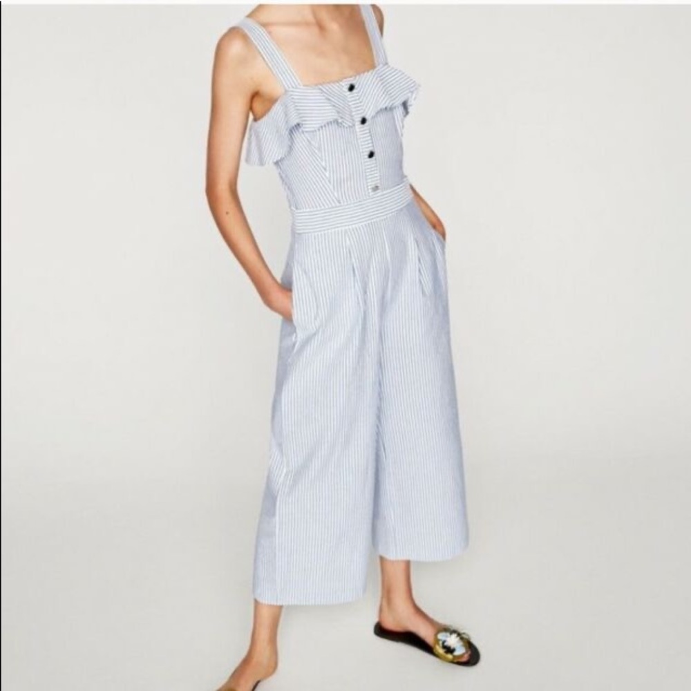 NWT Zara Wide Leg Striped Jumpsuit w Ruffle Neck - Picture 10 of 10